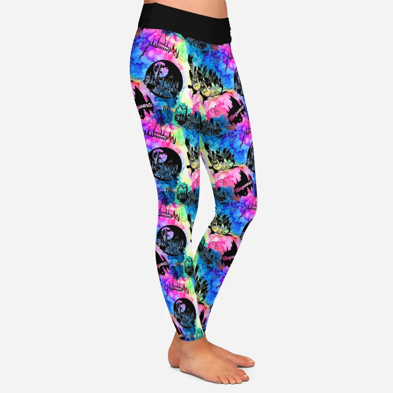 LETSFIND High Quaility 220gsm Milk Silk Print Castle Print Women Pants High Waist Fitness Slim Soft Stretch Leggings