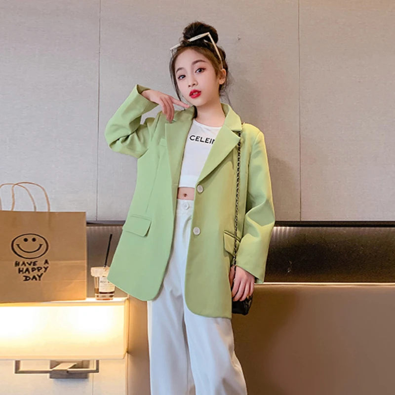 

Girls Blazers Fashion Green Loose School Kids Jacket Spring Autumn 2023 Casual All-match Children Outerwear Coat 12 13 14 Years