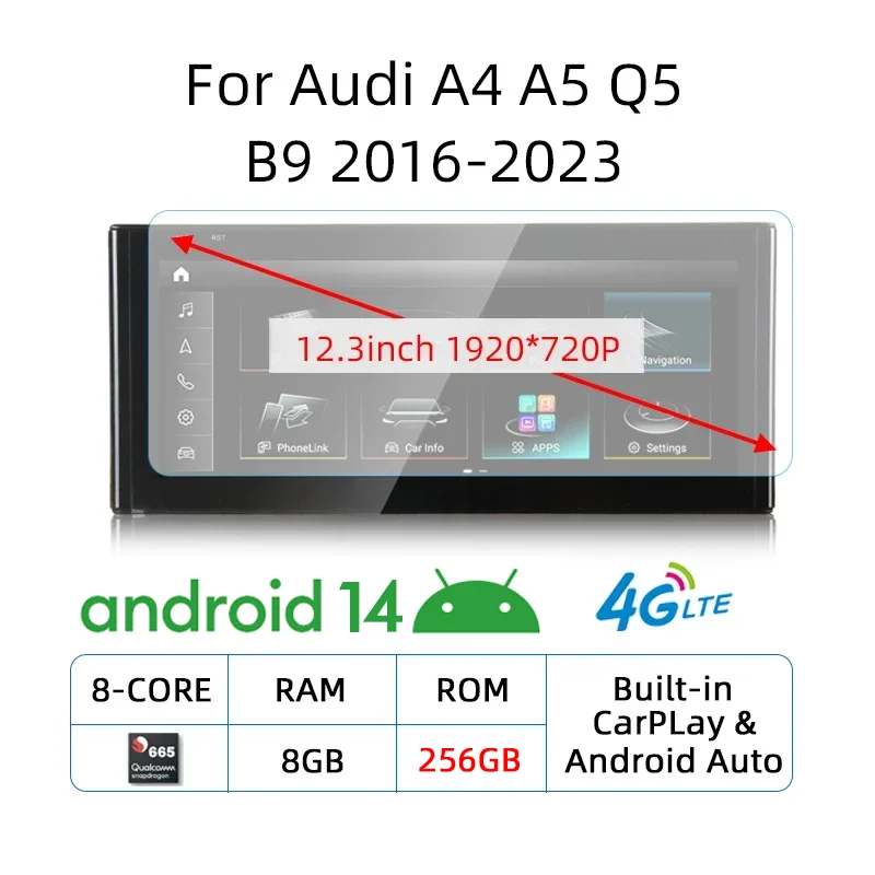

12,3-дюймовый сенсорный экран Android 14 Carplay для Audi A4 A5 Q5 B9 2016-2023, автомобильная стереосистема, мультимедийный плеер, WIFI, 4G, GPS-навигация