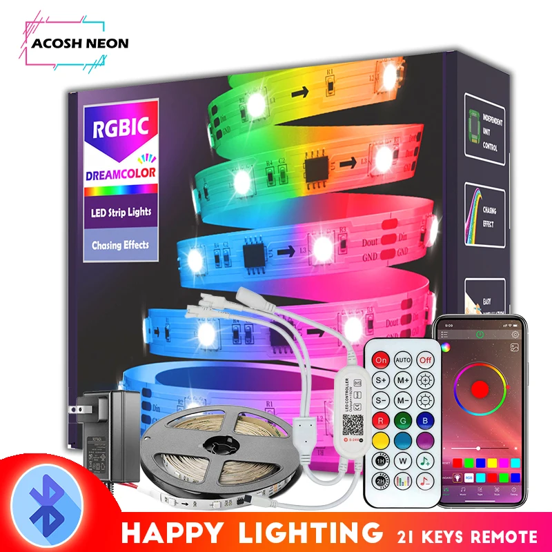 20M/65.6ft Ws2811 Pixel Lights Lighting Bluetooth RGBICLED Strip Chasing Effect Addressable Led Lighting Night Light with Remote