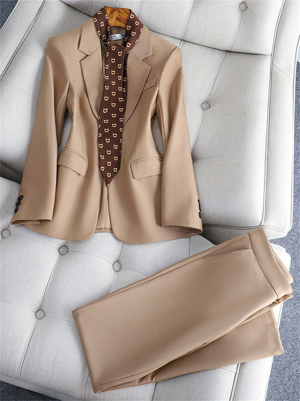 Women 2 Piece Set 2023 New Lady Coffee Black Long Sleeve with Scarf Pant Suit Elegant Formal Blazer + Trouser Business Suit Set