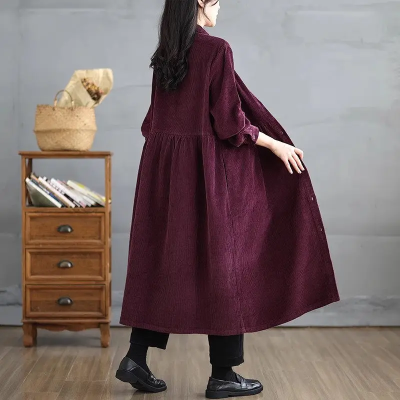 Женская Вельветовая длинная однобортная Повседневная Свободная верхняя одежда