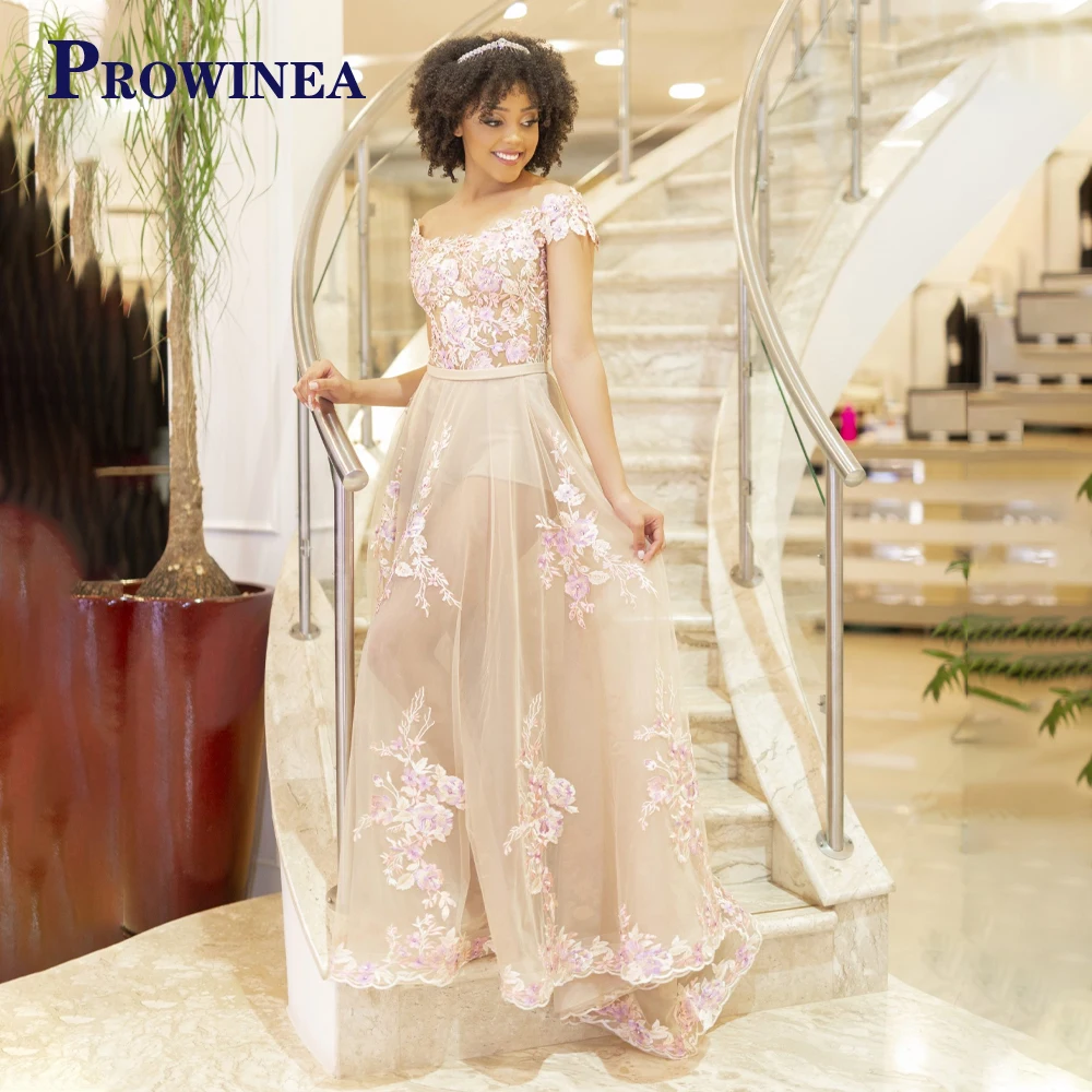 

Prowinea Illusion Court Train Prom Evening Dress Floral Print A-LINE Tulle Boat Neck Zipper Appliques Customised Robes De Soirée