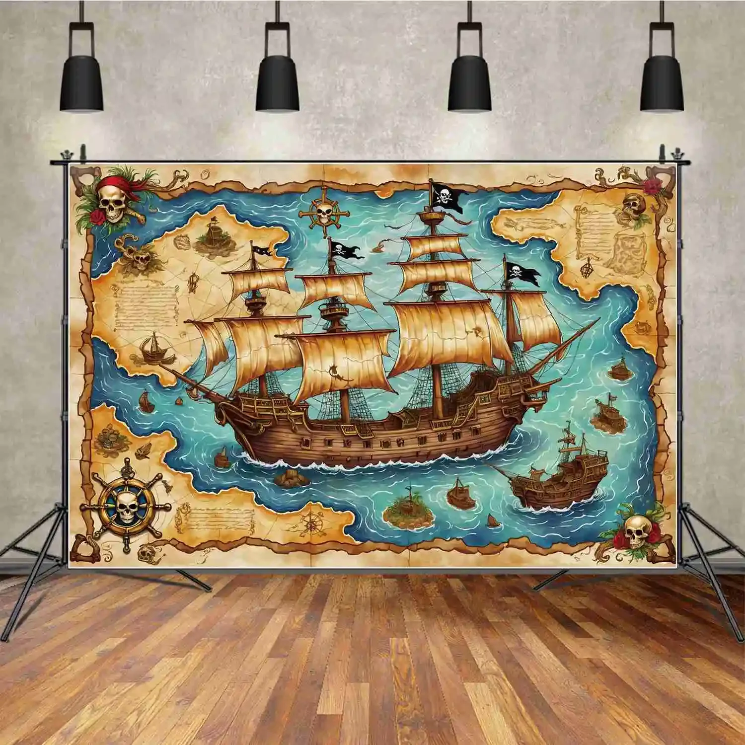 Фон MOON.QG карта мира пиратский корабль лодка Мальчики Сказочный день рождения фон