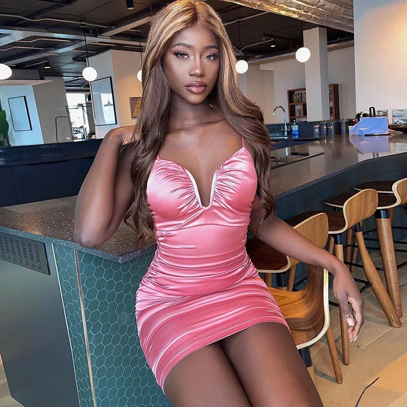 

Women's Spring Summer New Deep V Sling Backless Pleated Short Prom Sexy Pleated Dress 2022 Women's Summer Cheap