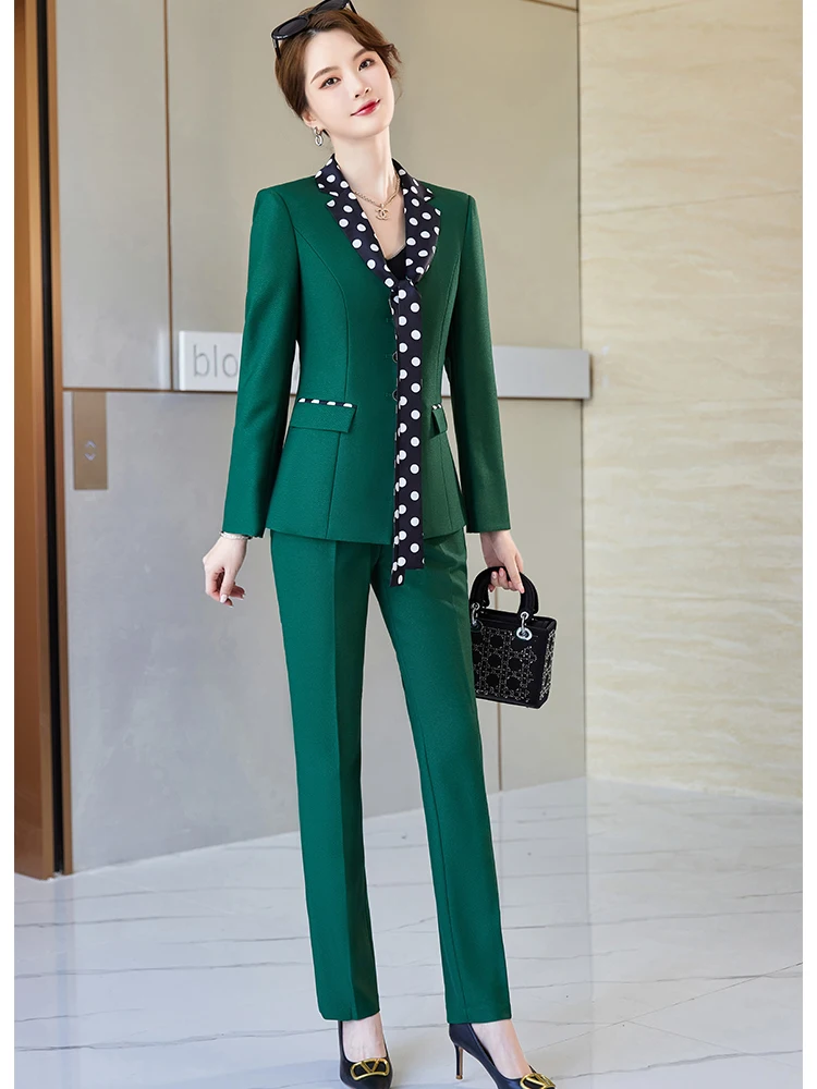 Women Elegant 2 Piece Set Blazer Female Office Ladies Business Work Wear Fashion Scarf Collar Formal Jacket And Pant Suit 5XL