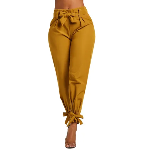 Женские брюки-карандаш с завышенной талией, Длинные винтажные брюки с бантом и поясом, лето 2023