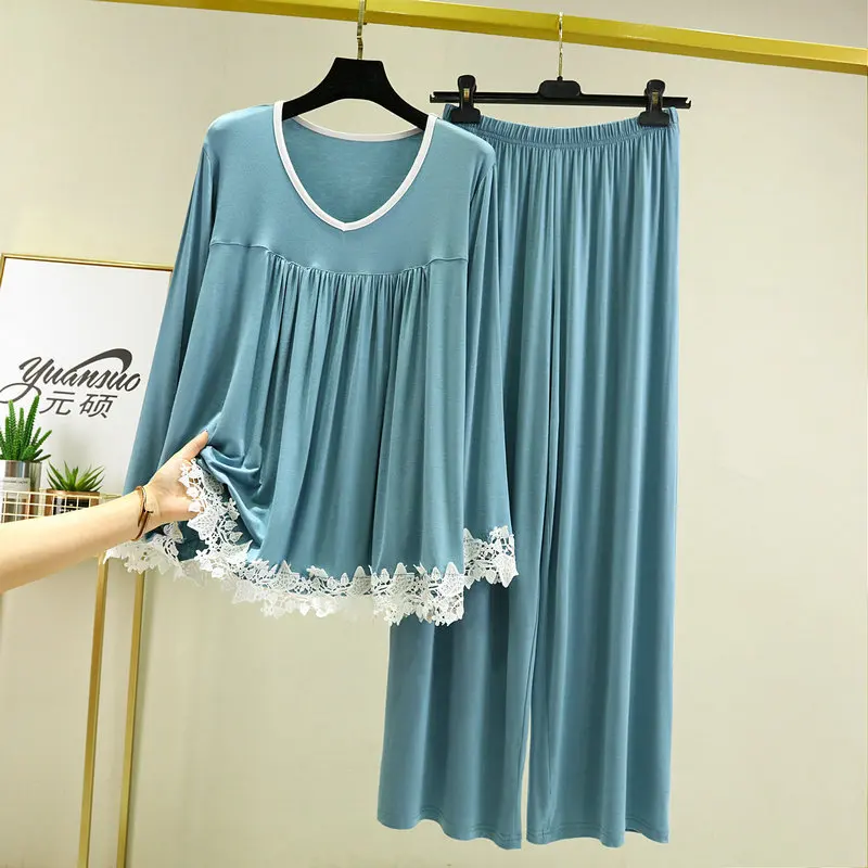 Women's Pajamas Set Modal NEW Soft Casual Sleepwear Set Women Pajama Set Full Sleeves Fashion Lace V-Neck Shirt Pant Homewear