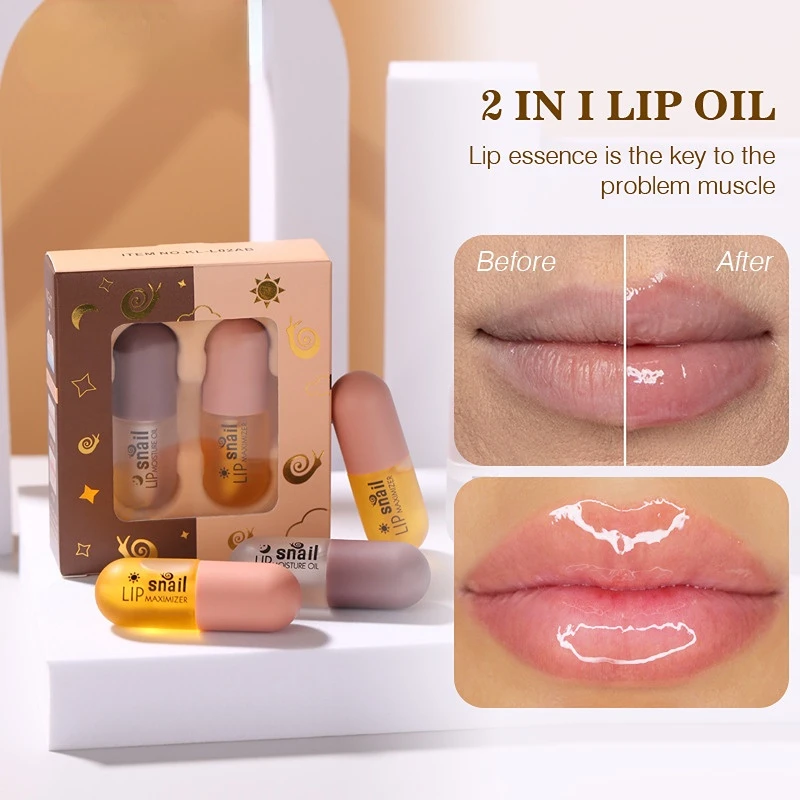 

2Pcs/set Snail Lip Nourishing Liquid Kit Lip Plumper Oil Lip Gloss Day Night Instant Volume Reduce Lip Fine Line Serum