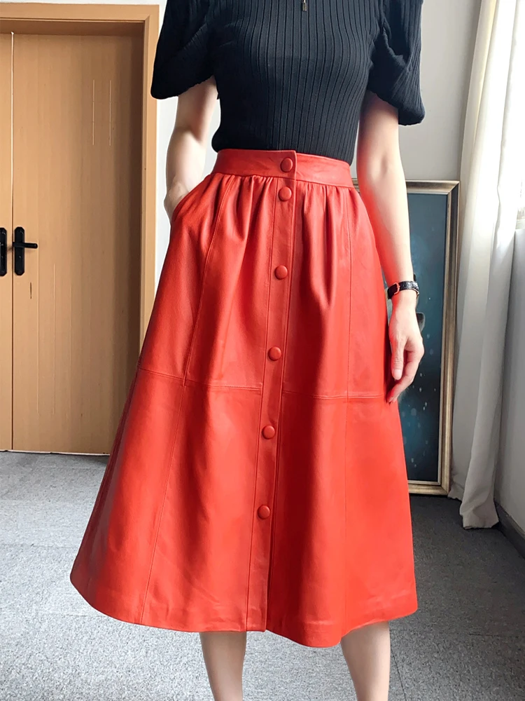 Женская длинная юбка из натуральной кожи красная овечьей с высокой талией