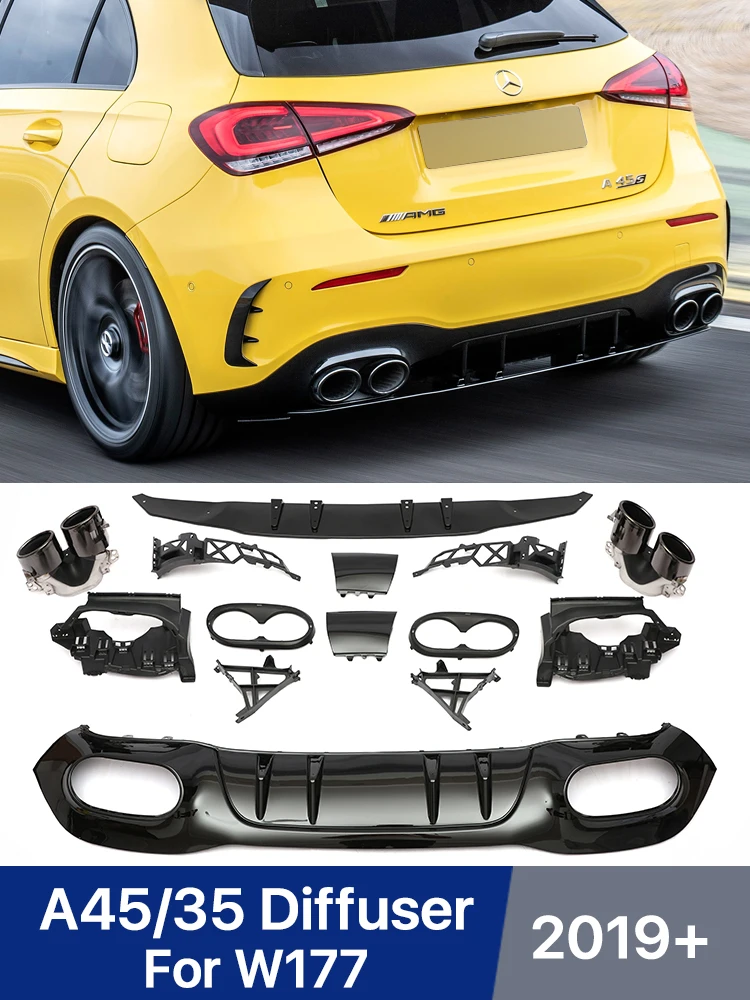 A45 A35 Style AMG Look Rear Diffuser With Exhaust Pipe Tips For Mecerdes For Benz A Class W177 Hatchback Saloon Rear Bumper