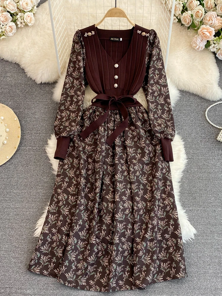 

Женское шифоновое платье-пуловер Aibeautyer, винтажное облегающее платье-трапеция до середины икры с цветочным принтом и V-образным вырезом, вес...