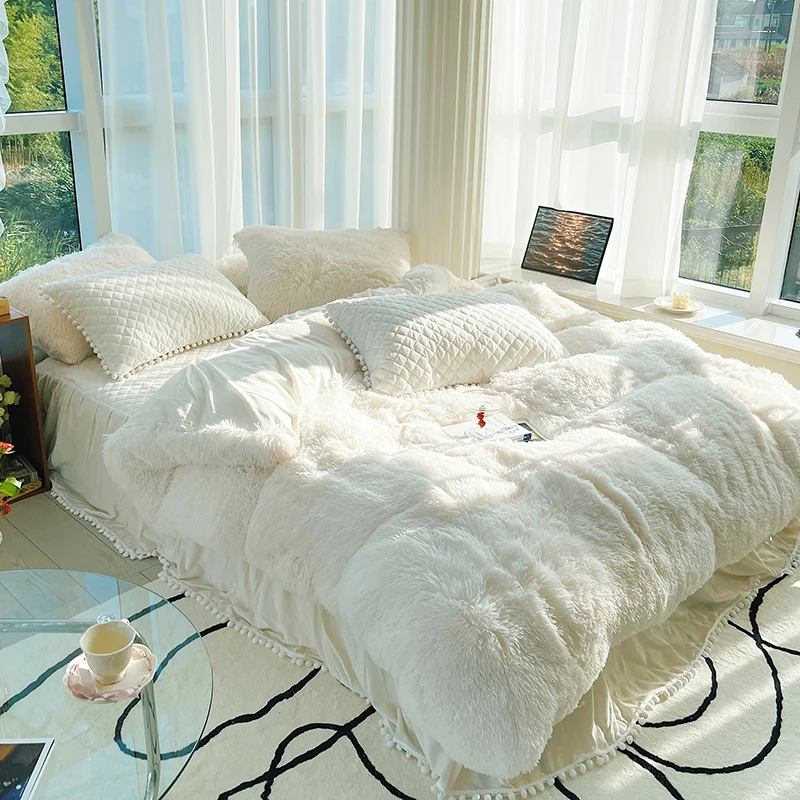 

Winter white thick quilt cover coral fleece bed four-piece mink fleece double-sided plush quilted bed skirt bedding set luxury