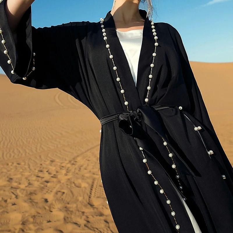 Ramadan Eid Black Kaftan Open  Turkey Islam Muslim Kimono Abayas for Women Dubai Evening Dress Caftan Robe De Soiree Femme