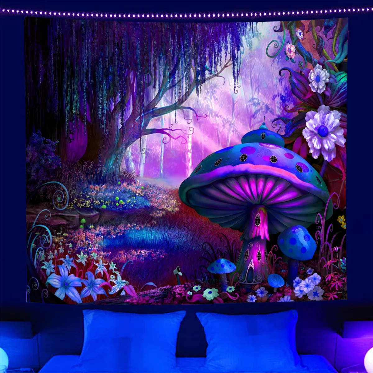 

Blacklight Fantasy Forest Tapestry Mushroom UV Reactive Flowers Aesthetic Galaxy Moon Wall Hanging Bedroom Room Decor