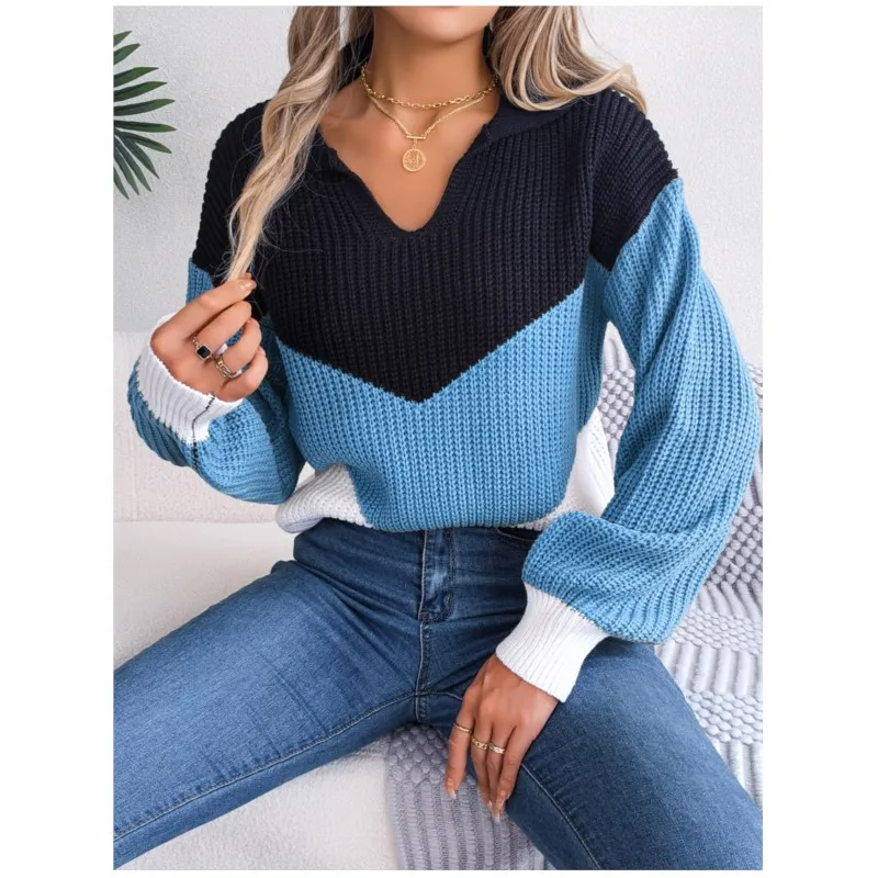 Осенне-зимний женский повседневный вязаный пуловер с контрастными лацканами и