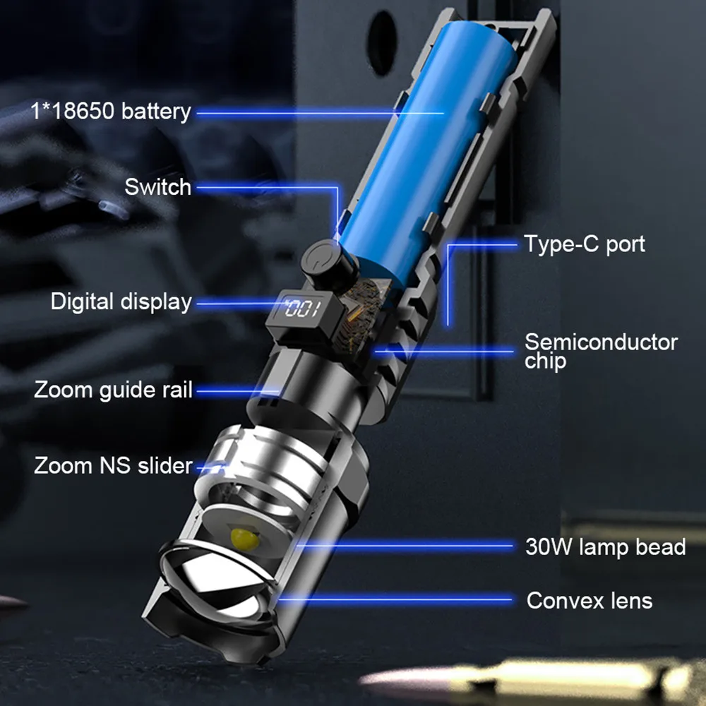 Мощный Светодиодный Фонарик XHP100 Перезаряжаемый Цифровой Зум