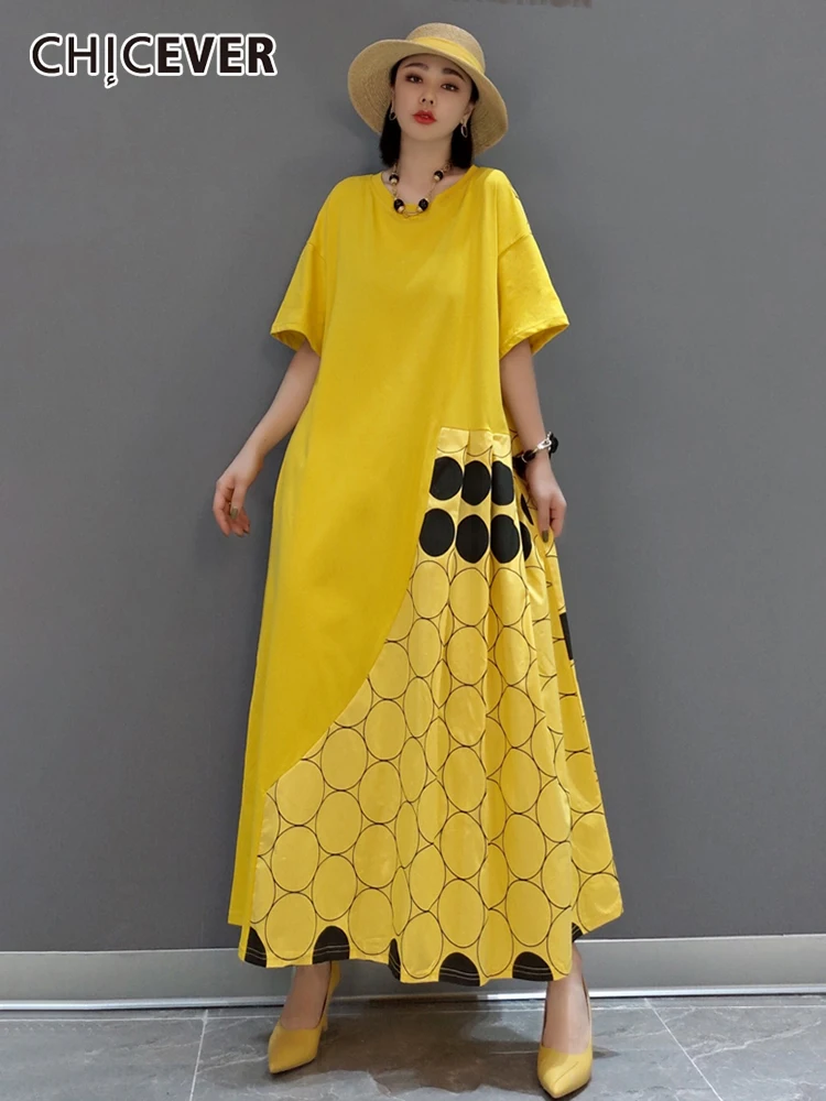 

CHICEVER Colorblock Dress For Female O Neck Short Sleeve Dot Pocket Straight Loose Casual Dresses Women 2022 Summer Clothing New