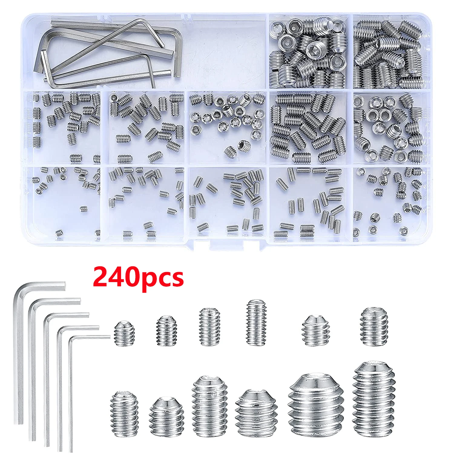 

240 Pcs Cup Point Grub Screw Metric Hex Head Allen Set M3 M4 M5 M6 M8 With 5x Wrench 304 Stainless Steel Headless Set Screw