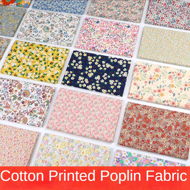 

Printed Poplin Fabric Cotton By The Meter for Dresses Shirts Baby Clothing Sewing Summer Small Floral Cloth blue Thin White Soft