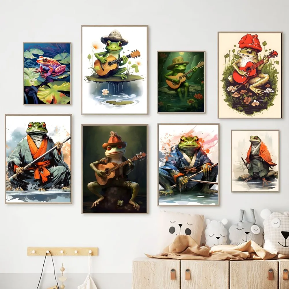 Плакат из крафт-бумаги с лягушкой играющей на гитаре Самураем жабой воином