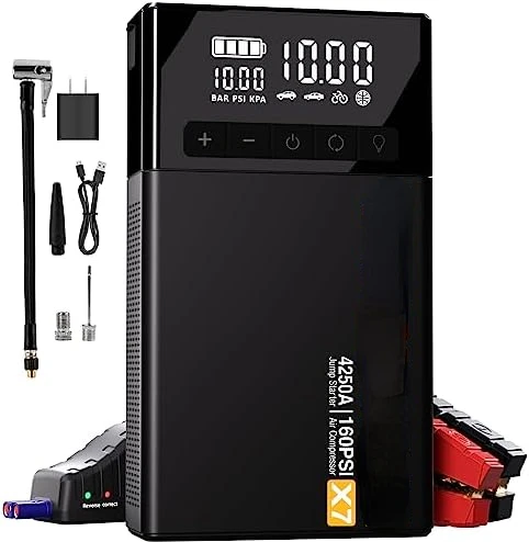 Jump Starter with Air Compressor, 4250A Portable Car Starter with 160PSI Digital Tire Inflator,12V Lithium  Charger Booster Box