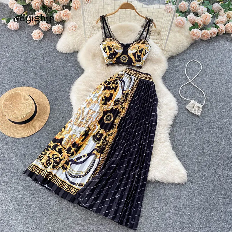 

2022 Summer Beach Holiday Set For Women Outfits Lace Stitching Short Top Print Pleated Long Skirt Two-piece Set Female Bohemia
