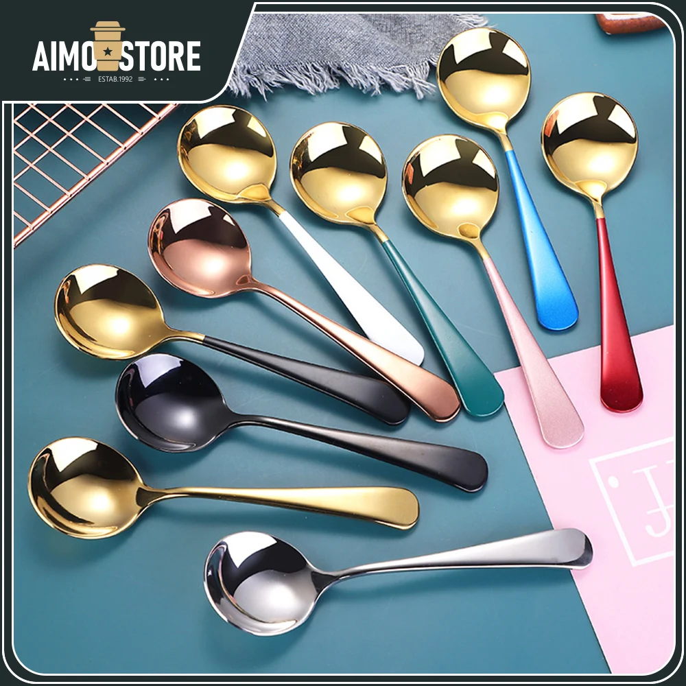

[Top quality] 1pcs household dining round spoon thickened spoon creative western dessert spoon 304 stainless steel spoon