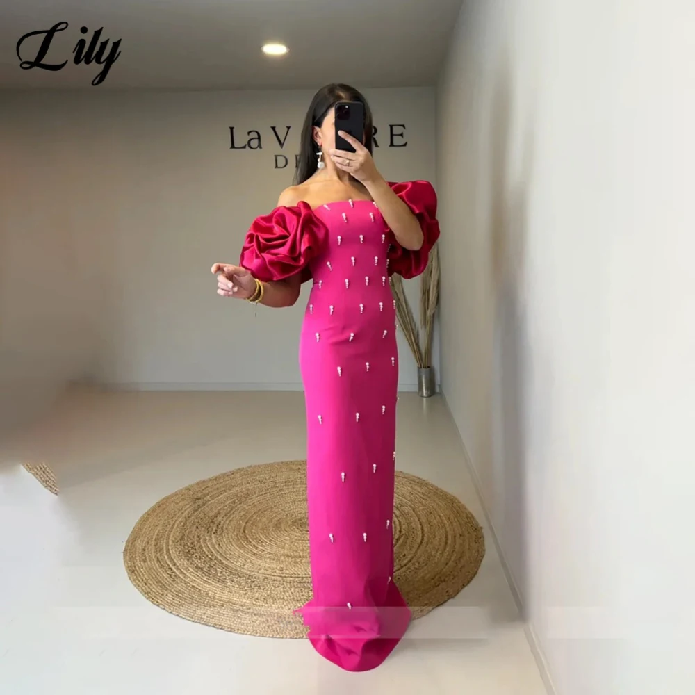 Фото Элегантное вечернее платье Lily Sky Blue с блестящим жемчугом и пышными рукавами, платья для выпускного вечера, атласные вечерние платья русалки, robe de bal, индивидуальный заказ №5