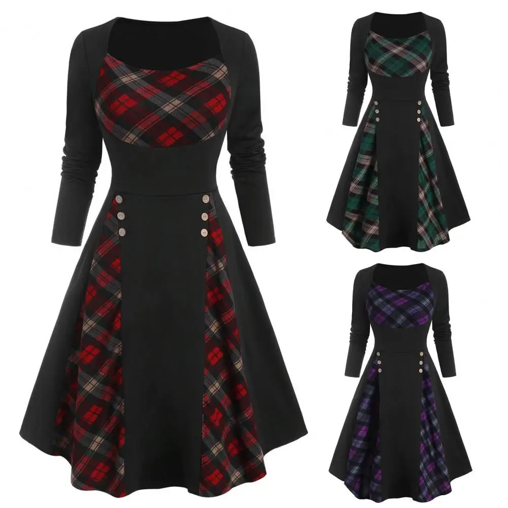 

Square Neck Buttons Decor Women Dress Long Sleeve Waist Tight Plaid Patchwork Pleated Large Hem Midi Dress Streetwear