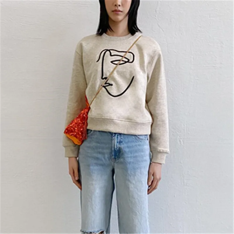 

PB&ZAspring new women's European and American street casual loose round neck long-sleeved ribbed embroidered decorative sweater