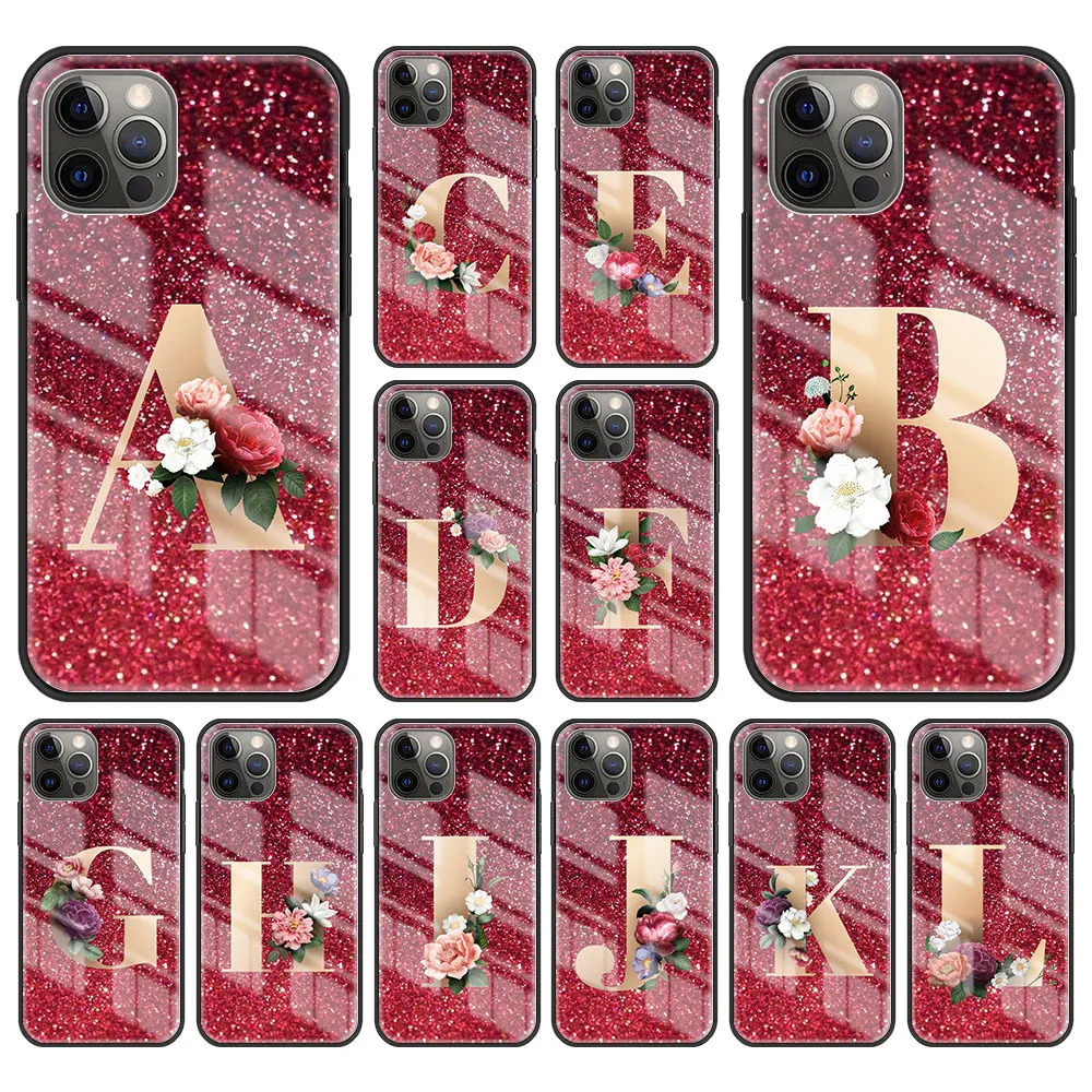 

Red 26 Letters Pink A Tempered Glass Case For iPhone 11 12 13 Pro XS Max 13Mini X XR Hard Case For iPhone 7 8 Plus SE2 Fundas
