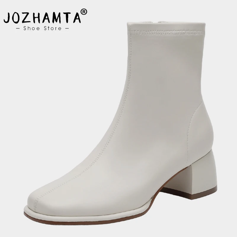 

JOZHAMTA Size 33-40 Women Stretch Boots Retro Suqare Toe Ins Fashion Thick Heels Winter Shoes Woman 2023 Zipper Ankle Boots