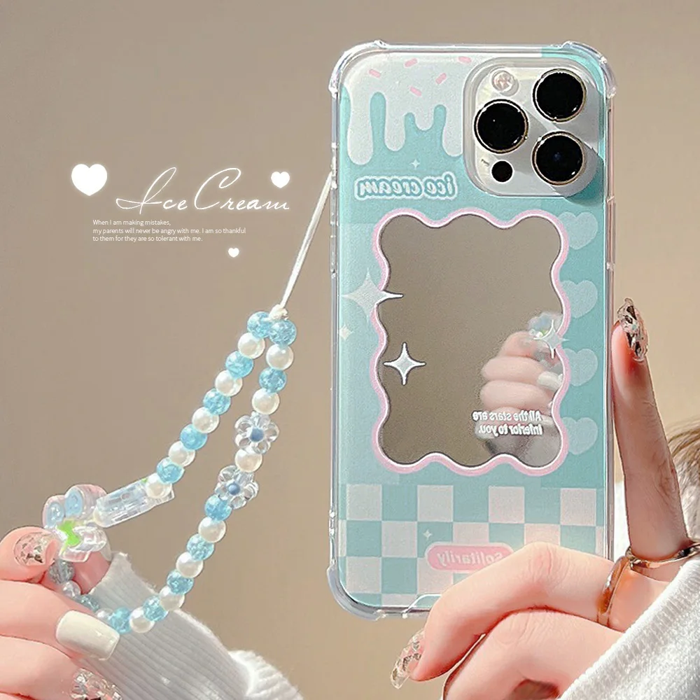 

Colored mirror cream blue plaid with lanyard Phone Case For iphone 14 13 12 11 Pro Max X XR XSMAX 7 8 Plus SE TPU Case Cover