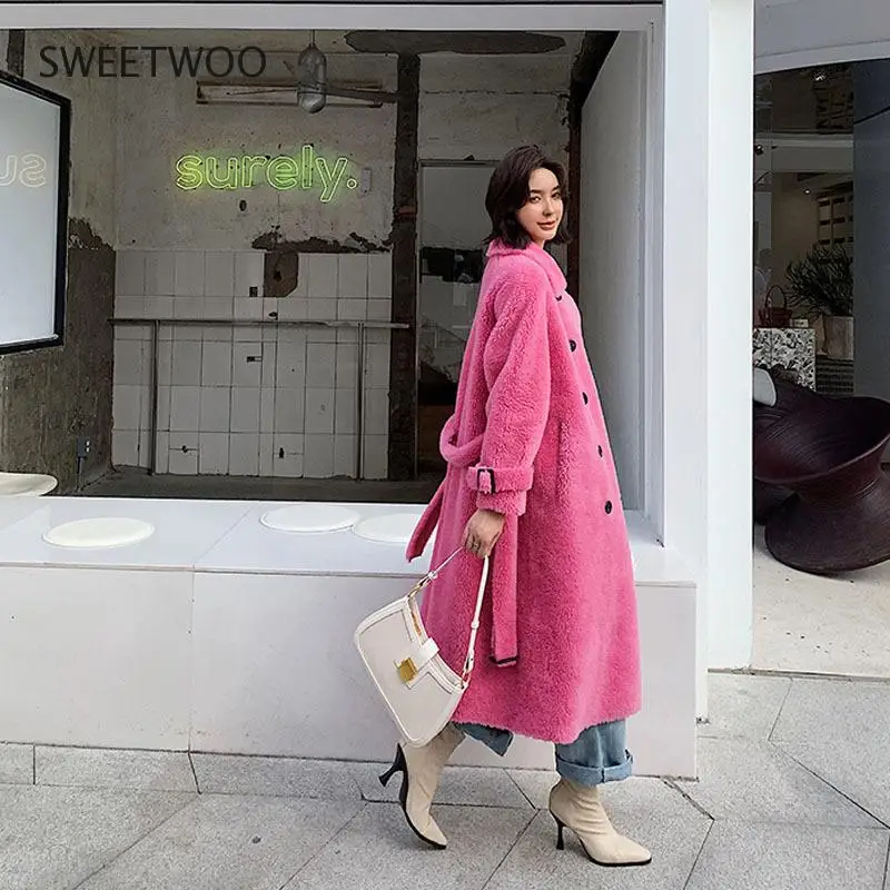 2022 Winter New Women Real Sheep Shearing Fur Jacket Outwear Female Natural Sheepskin Fur Wool Loose Streetwear Long Coat Tide