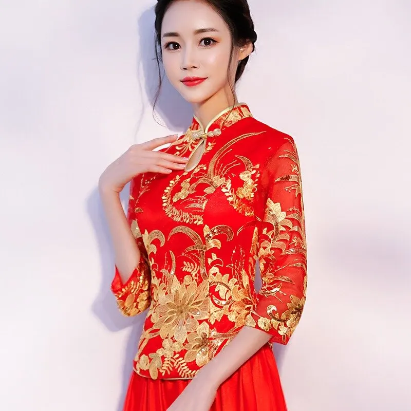 

New Arrival Cheongsam Embroidery Qipao Women Dress Evening Modern Chinese Wedding Bride Traditions Robe Orientale