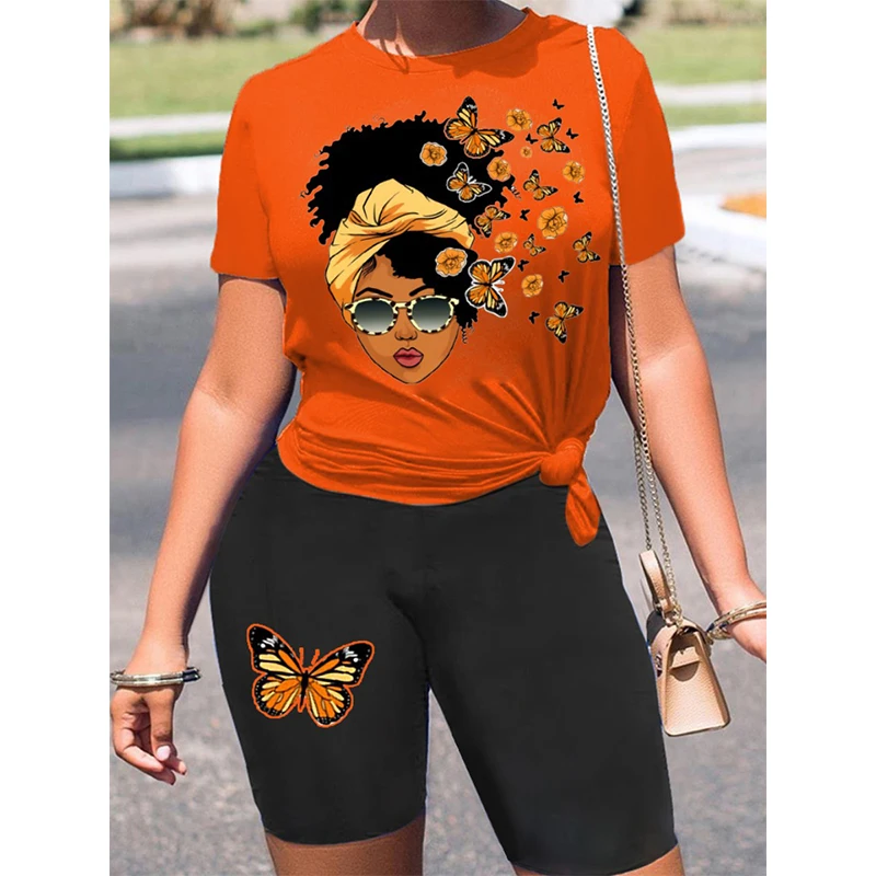 

Orange Butterfly Print Contrast Two-piece Suit Women O-neck Short Sleeve Casual T-shirt Shorts Skinny Leisure Suit 2022 Summer