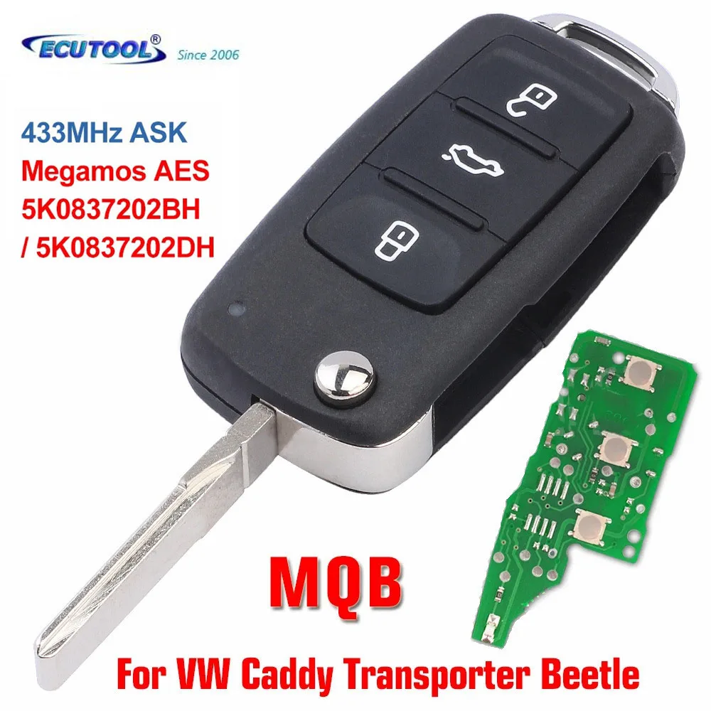 

3 Buttons 433MHz Replacement MQB Remote Key For VW Caddy Transporter Beetle Jetta Sharan Scirocco Polo Tiguan 5K0837202BH/DH