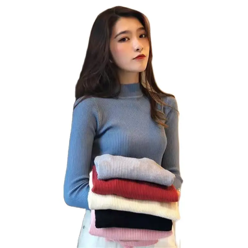 

Half Turtleneck pullover Women Sweater 2022 New Stand Collar Slimming Tops Ladies Buttons Sexy V Neck Long Sleeve Knit Sweater