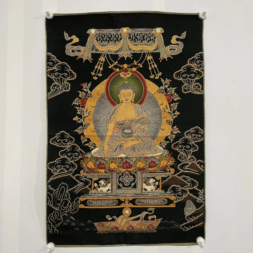 

35" Thangka embroidery Tibetan Buddhism silk Brocade Medicine Buddha Shakyamuni Buddhist niche thangka hanging screen Town house