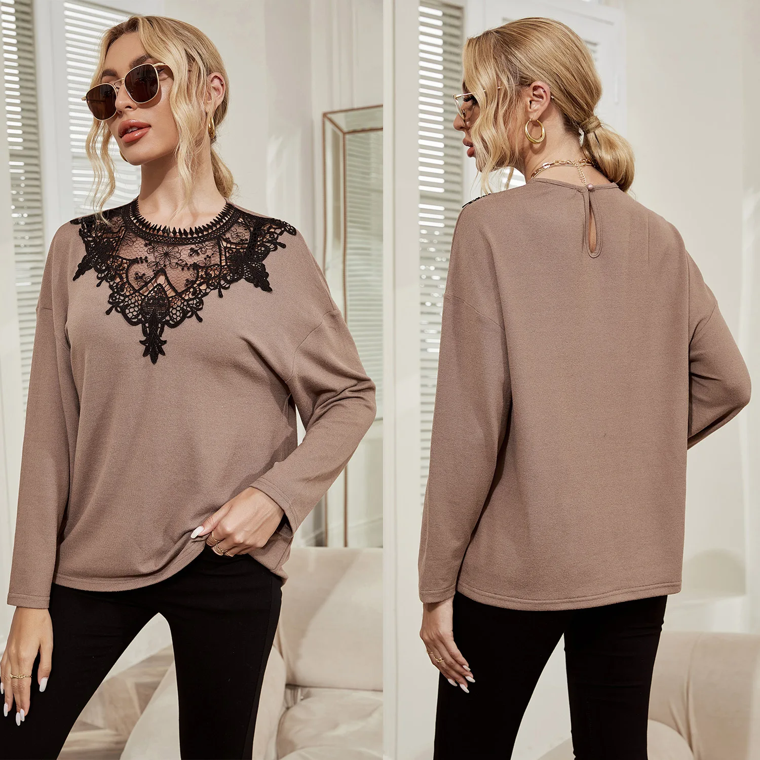

Autumn Women Long Sleeve T-shirt Sexy Lace Stitching with Tees Tops Loose Casual Women Clothing Solid Color T-shirts