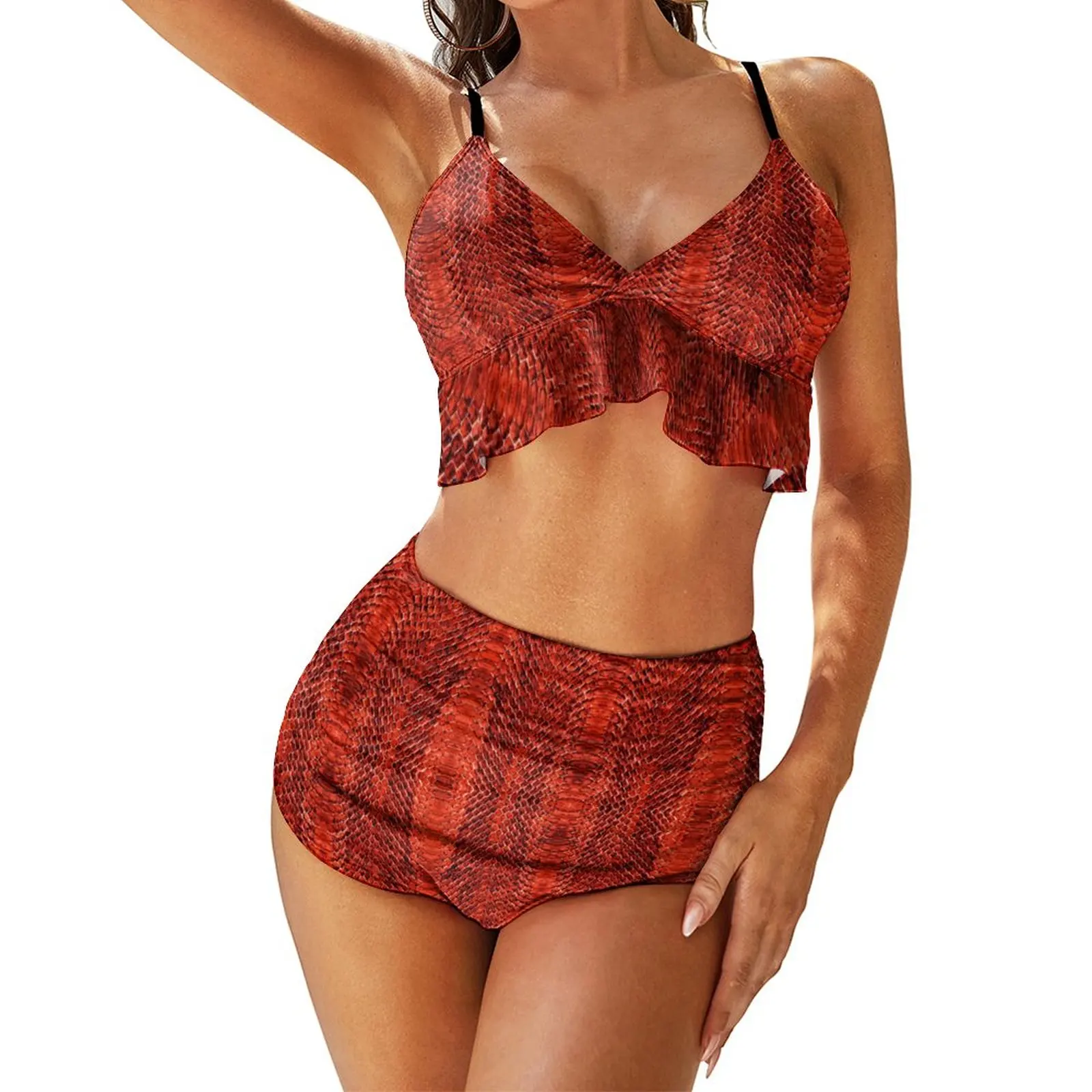 

Sexy Red Snakeskin Print Bikini Swimsuit Retro Animal Swimwear Women High Waist Aesthetic Bikinis Set Push Up Feminine Bikinis