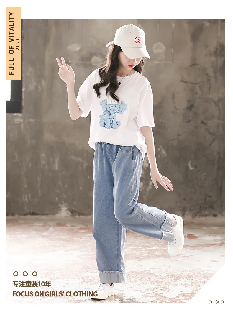 2023 summer teens Girls cartoon loose white elephant t-shirt + wide leg demin long Pants jeans Clothes 8 10 12 14 16 Years images - 6