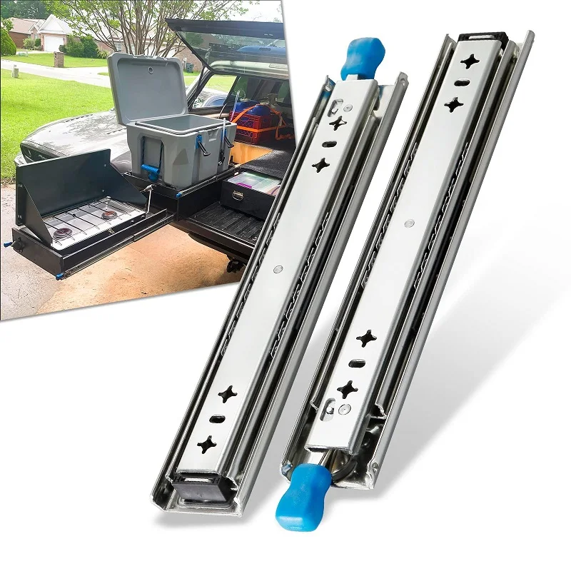 

53mm Width Heavy Duty Drawer Slides With Lock Ball Bearing Three Fold Full Extension Runners 260 lb Capacity Side Mounted Rail