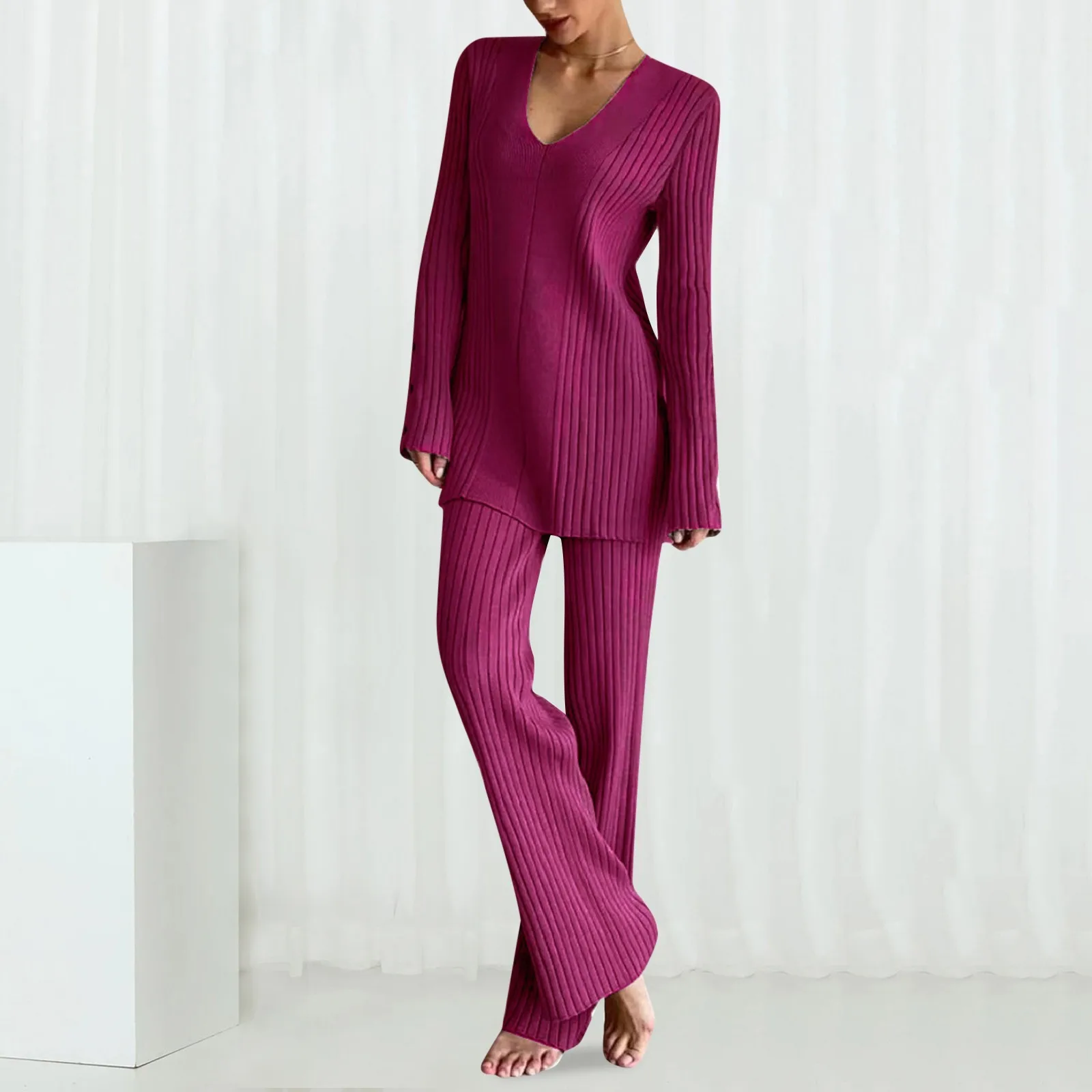 Вязаный свитер костюм с v-образным вырезом топ широкие брюки комплекты из двух