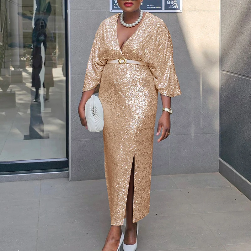 Элегантное вечернее платье с глубоким v-образным вырезом и рукавами 3/4 женское