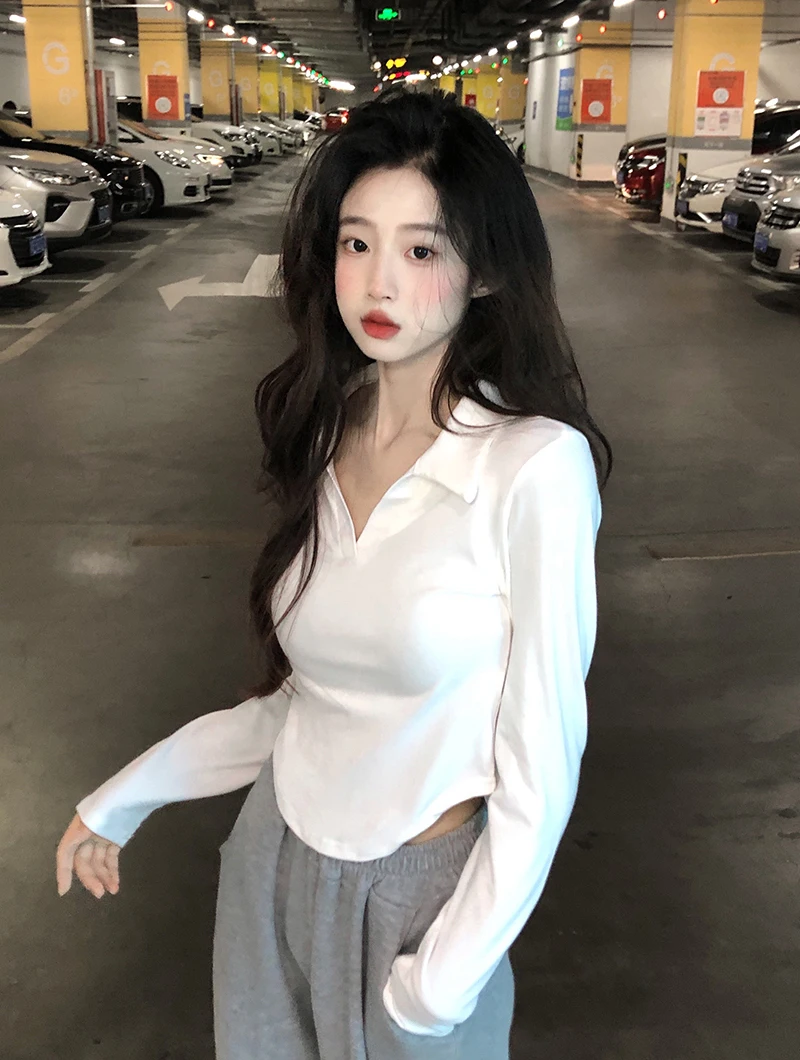 Осенняя женская одежда Gyaru Design Sense Slim fit Белая нижняя рубашка с воротником-поло Pure