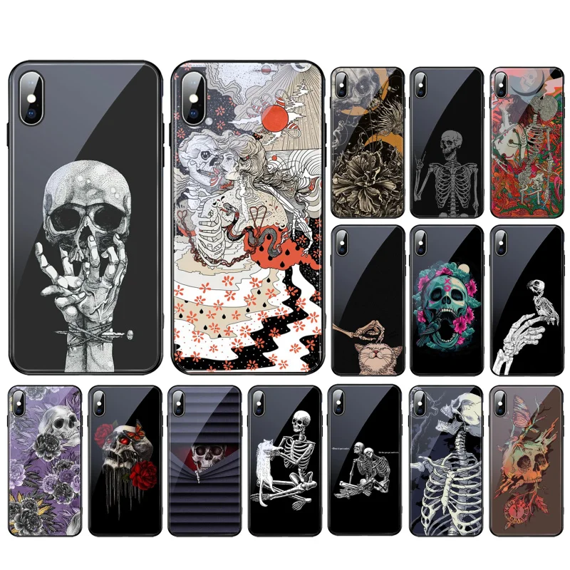 

Skull Skeleton Tattoo Glass Funda Cell phone case For iphone 13 Pro Max 12 11 Pro Max XS XR X 8 7 Plus SE2 Mobile Phones Case