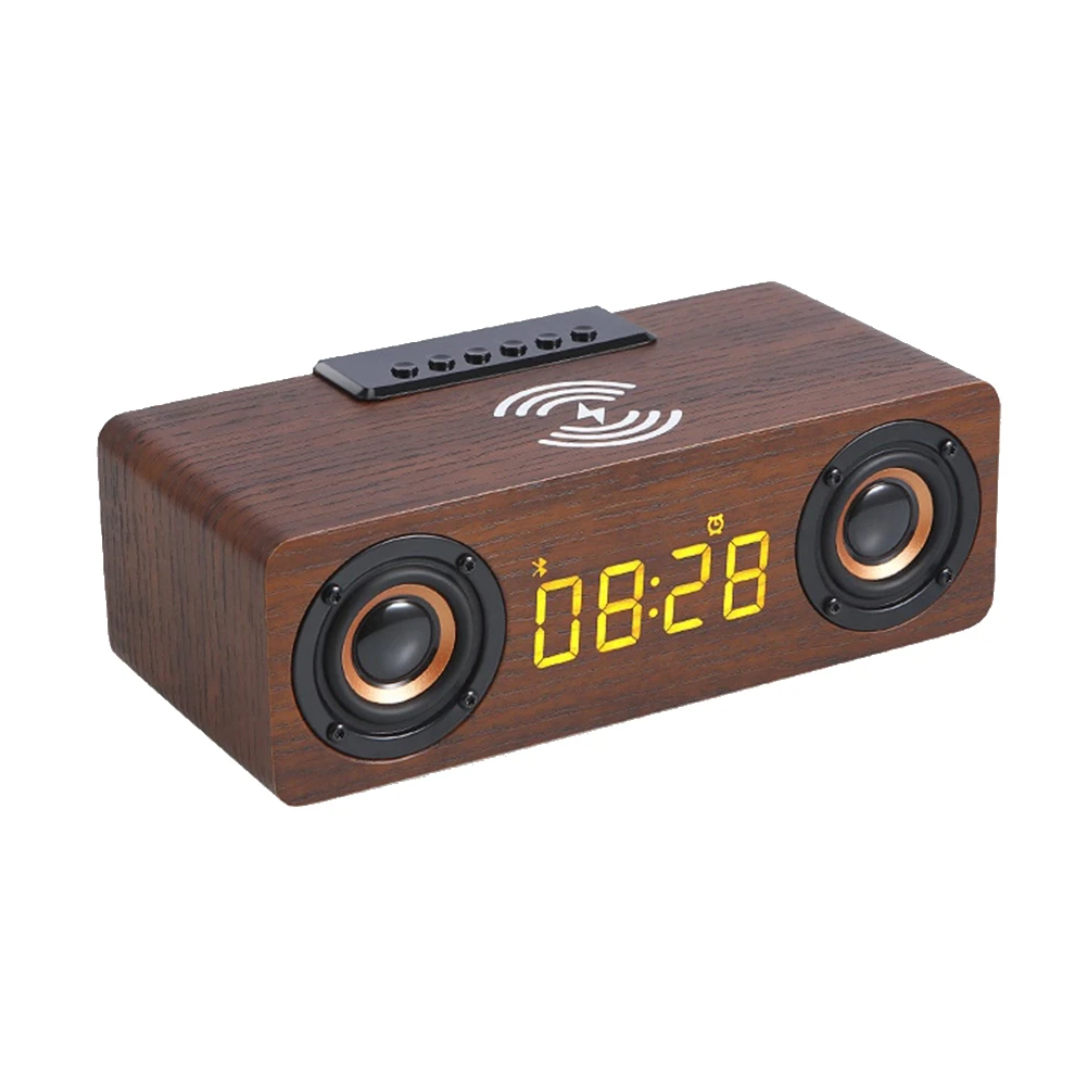 

Fast Wireless Charger Wooden Wireless Bluetooth Speaker Alarm Clock 3D Stereo Boombox Soundbar(Brown Wood Grain)