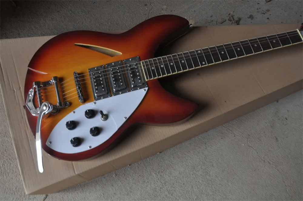 

Высококачественная электрическая гитара sunburst Ricken 325, тремост, полупустотелый корпус, 34 дюйма, 3 фотографий